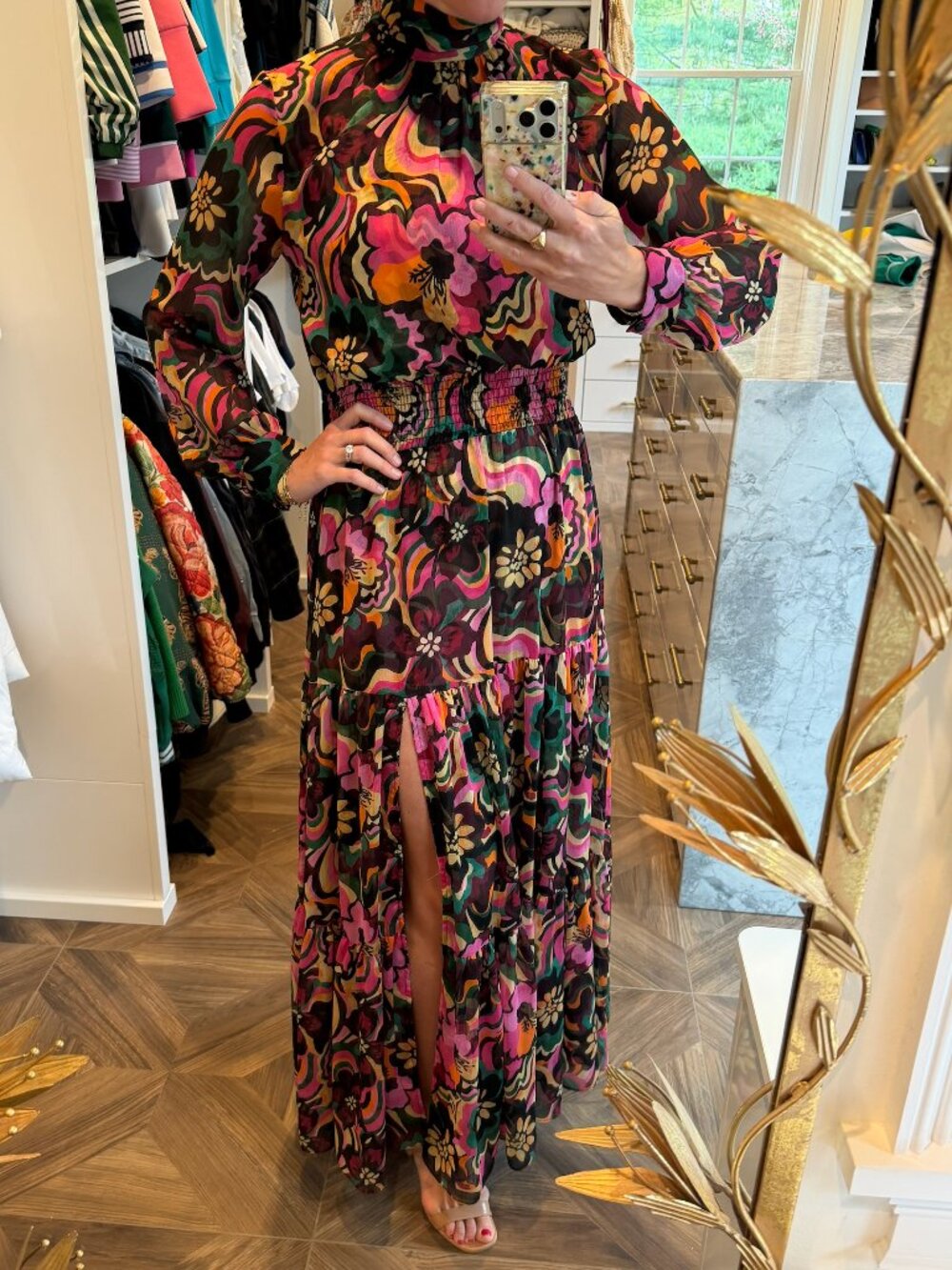 Misa Daphne High-Neck, Long-Sleeve Smocked-Waist Maxi Dress